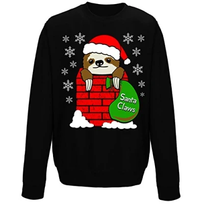 Image of Santa Claws Cute Sloth In Chimney Festive Christmas Kids Sweatshirt Black 12 13 Years (XL)
