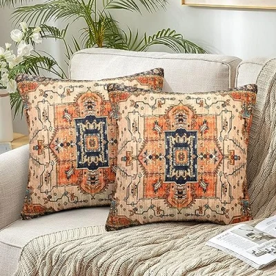 Image of Chicamy Linen Cushion Cover, 45 x cm, Set of 2, Bohemian Indian Covers, Double Sided Pillowcase with Zip, Country House Style, Autumn Decorative Cover for Living Room, Bedroom
