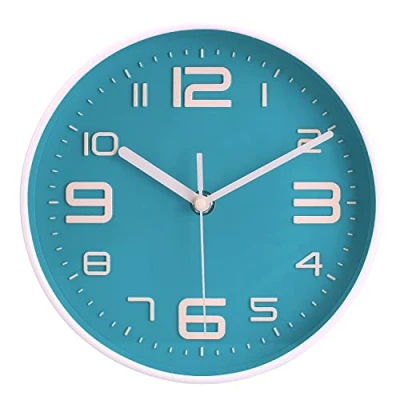 Image of Topkey 8 Round Silent Wall Clock Easy Read Big Numbers Kitchen Modern Non ticking Decorative for Bedroom Office school Teal