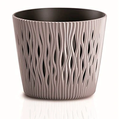 Image of Prosperplast Sandy Round Flower Pot Planter 2 in 1 incl. Plastic Plant (128 mm, Mocha)