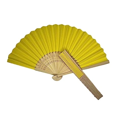 Image of Parev Yellow Paper Foldable Hand Held Bamboo Wooden Fan