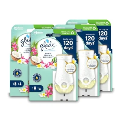 Image of Glade Plug in Air Freshener Holder and Refill, Electric Scented Oil Room Freshener, Tropical Blossoms, Pack of 4 Starter Kits, (4 x 20 ml Refill)