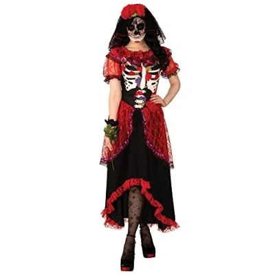 Image of Bristol Novelty 301577M Day Of The Dead Adult Costume, Women, Red, Black, White, Medium