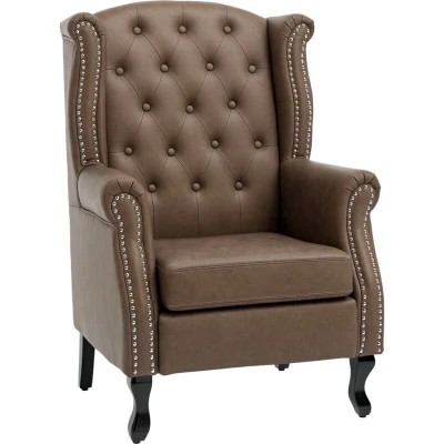 Image of HOMCOM Wingback Armchair, Chesterfield style High Back Fireside Chair, Tufted Upholstered Accent Chair with Nailhead Trim for Living Room, Bedroom, Home Office, Brown