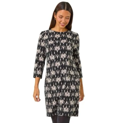 Image of Roman Originals Spot Print Zip Pocket Jersey Dress for Women UK Ladies Everyday Holiday Autumn Winter Round Neck 3/4 Sleeves Comfy Soft Evening Vacation Work Party Dark Grey Noir Size 16