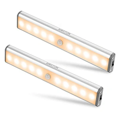 Image of Motion Sensor Cabinet Lights, 10 LED Wireless Under Cupboard Light with Built in Rechargeable Battery, Stick on Anywhere Magnetic Night Lighting for Closet Kitchen Wardrobe, Warm White (2 Pack)
