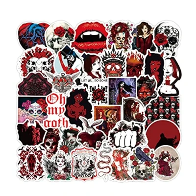 Image of 50 Pcs Horror Style Cool Gothic Stickers Skull Skeleton Dark Red Vinyl Sticker Waterproof Trendy Aesthetic Decal for Laptop Water Bottle Skateboard