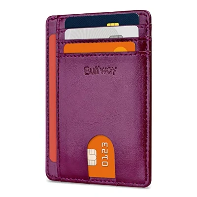 Image of Buffway Slim Minimalist Front Pocket RFID Blocking Leather Wallets for Men and Women, Alaska Purple, S,
