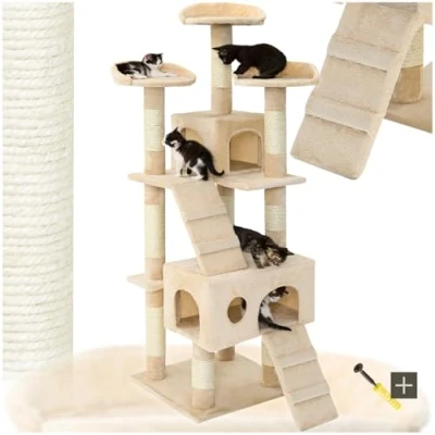 Image of tectake® Multi Level Cat Tree with Sisal Scratching Posts, Soft Plush Fabric, 2 Cosy Houses, 3 Perches, Ladders, Durable &amp; Stable Build 170 cm Tower Anti Tip Protection Beige