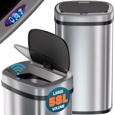 Image of Monzana® Smart Sensor Kitchen Waste Bin 58 Litre Automatic Motion Soft Close Lid Waterproof LED Rubbish USB Cable Silver Stainless Steel Easy Clean Hygenic