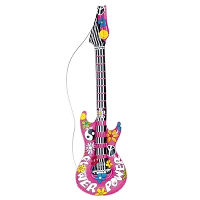 Image of WIDMANN 23944 Inflatable Hippie Guitar With Strap, Adult Unisex, Length 105 cm, 60s, Rockstar, Pop Star, Musicians, Carnival, Theme Parties