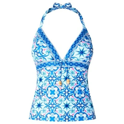 Image of Joe Browns Women&#039;s Recycled Content Grecian Tile Border Print Halter Tankini Top, Blue Multi, 8