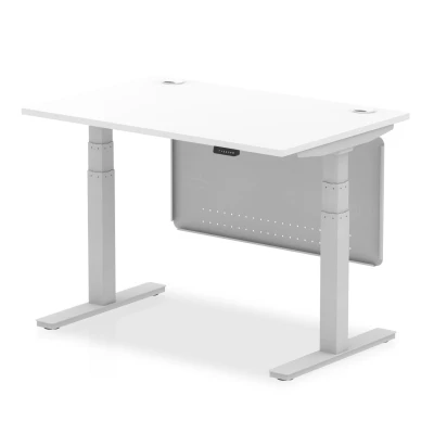 Image of Air 1200x800 Height Adjustable Desk White CP Silver Leg Modesty Panel