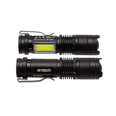 Image of Amtech Mini Torch Set for Camping, Hiking, Car Repairs, Everyday Use, and More, Adjustable Brightness with 3 Lighting Modes, Rechargeable, Portable Metal Clip