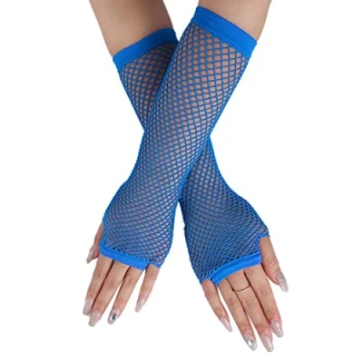 Image of Long Fishnet Gloves, Blue Fingerless Arm Warmers Mesh Fancy Dress Punk Accessory for Women Girls Kids 80s Costume Evening Party Supplies Tutu Rave Hen Night