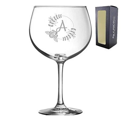Image of Personalised Engraved Novelty Juniper Gin Balloon with Initial and Wreath, Gift Boxed, Perfect for Any Occasion
