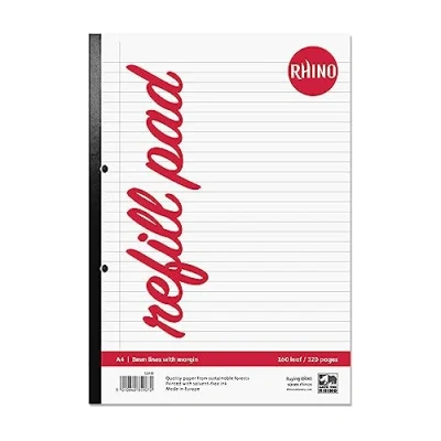Image of RHINO A4 Refill Pad, Writing 320 Page / 8mm Lined with Margin, 1 Pack, White Hole Punched Side Binding Paper, Office &amp; School Stationery Supplies