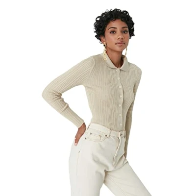 Image of Trendyol Women Slim fit Basic Shirt Collar Knitwear Cardigan Stone