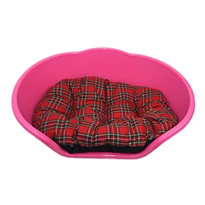 Image of KetoPlastics DOG BED LARGE PINK PLASTIC WITH RED TARTAN CUSHION/HEAVY DUTY PET DOG/CAT/ANIMAL/SLEEP/BASKET MADE IN UK