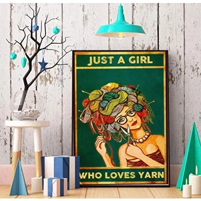 Image of TNND Just A Girl Who Loves Yarn Poster Knitting Wall Art Gift For Knitter Retro Decor Metal Sign 8x12 inches