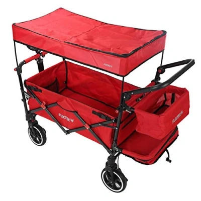 Image of FUXTEC folding/foldable wagon hand cart garden trolley carriage of children outdoor transport hard ground hiking trail removable canopy interior extension rear bag CT850 Red