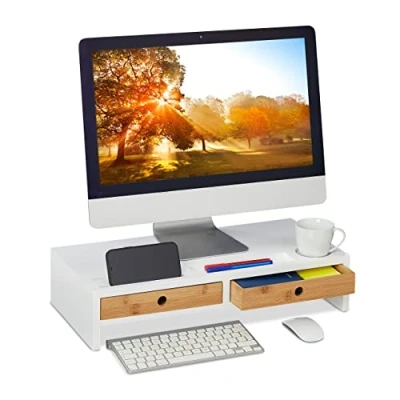 Image of Relaxdays Monitor Stand, 2 Drawers, PC Screen Riser, for Desk, HxWxD: 12 x 56 27 cm, Bamboo &amp; MDF, White/Natural, 80% 20% fibreboard