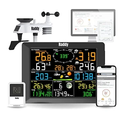 Image of Raddy WF 100C Weather Station with Outdoor Sensor Wireless 14 in 1 WiFi Indoor Thermometer 8 Inch Digital Colour Display, Wind Gauge Rain Solar for Home, Office, Home Garden