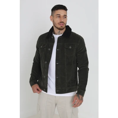Image of BRAVE SOUL Mens Prestwich Corduroy Jacket Borg Collar Button Up Winter Coat Khaki/Black M