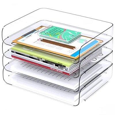 Image of Tomorotec Desk Letter Tray Set 4 Pack, A4 Size Clear PET Stackable Document Organizer Office Desktop File Paper Holder Book Storage Rack Side Load Anti Skid Stacking Support Convex Bottom Grooved Snap