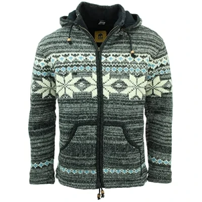 Image of LOUDelephant Hand Knitted Wool Hooded Jacket Cardigan Fairisle Grey (4X Large)