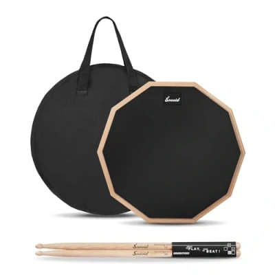 Image of Sovvid 12 Inches Drum Pad and 5A Sticks, Double Sided Snare Practice for Drummers, Silent Adults Kids with Storage Bag Black