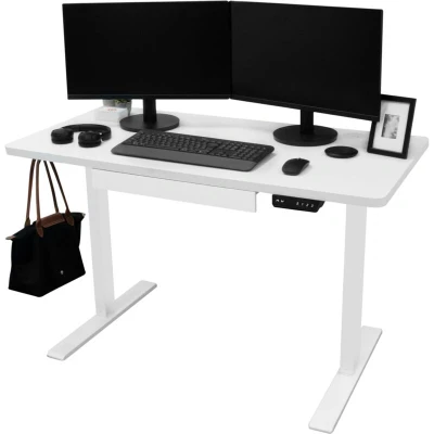 Image of Electric Standing Desk 120 x 60cm White Height Adjustable Ergonomic Sit Stand Computer Workstation Built In Drawer USB A &amp; C Charging Cable Holes Tray Bag Hook Office Table Timer Memory Smart Panel