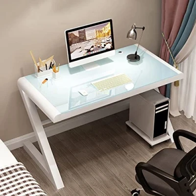Image of FAANAS Tempered Glass Computer Desk Modern Design Student Writing Study Home Office Gaming Personal Workstation with Z Shaped Metal Frame(47 Inch, White)