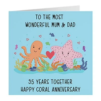 Image of Hunts England Large Mum And Dad 35th Anniversary Card To The Most Wonderful &amp; 35 Years Together Happy Coral Iconic Collection 210 x mm