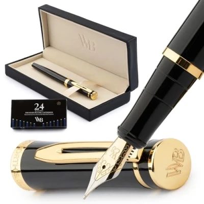 Image of Wordsworth &amp; Black Fountain Pen Set, Medium Nib, Includes 24 Ink Cartridges and Refill Converter, Gift Case, Journaling, Calligraphy, Smooth Writing Pens [Black Gold], Perfect for Men Women