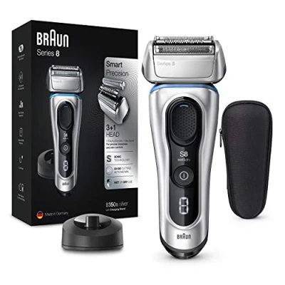 Image of Braun Series 8 Electric Shaver for Men with Precision Trimmer, Charging Stand &amp; Travel Case, Cordless Foil Razor, Wet Dry, 100% Waterproof, UK 2 Pin Plug, 8350s, Silver Razor