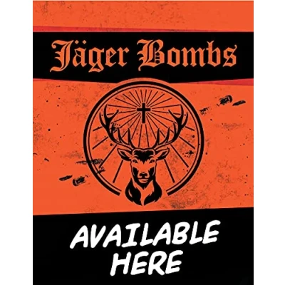 Image of BigBazza Vintage Advertising Wall Tin Plaque 20x15cm Pub Shed Bar Man Cave Home Bedroom Office Kitchen Gift Metal Sign Retro Jägermeister German Alcohol Drink Bomb Jager Available Here Shop
