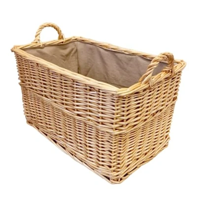 Image of Arthur Cameron Deluxe Rectangular Wicker Log Basket with Lining and Handles (Medium, Natural)