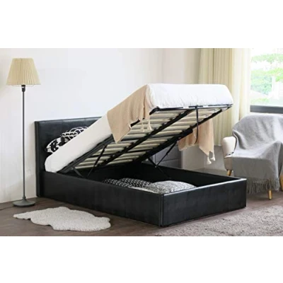 Image of MODERNIQUE Double Ottoman Storage Faux Leather Bed Frame (4FT6) Bounce Sprung Slats Base (Black, 4FT6)