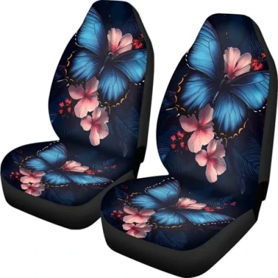 Image of TOADDMOS Chic Tropical Blue Butterfly Floral Car Seat Covers High Back Design Front Seats Only,Universal Fit Vehicle Protectors for SUV,Truck,Sedan Pack of 2