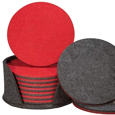 Image of Felt Coasters Set of 8 with Coaster Holder, Double Sided Plain Round for Drinks, 5mm Thick Highly Absorbent Cup Mats (Red, Grey)