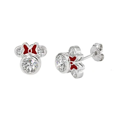 Image of Kaguyo Minnie Mouse earrings, 925 Sterling Silver Amethyst white Blue pink Zirconia Mickey Stud Earrings for Women Girls, Birthday Gift (Red Enamel Bow)