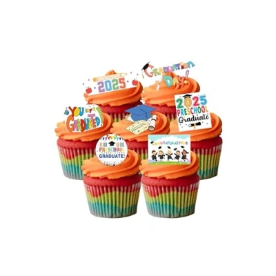 Image of 24 Stand Up Preschool Graduation 2024 Themed Edible Wafer Paper Cake Toppers Decorations