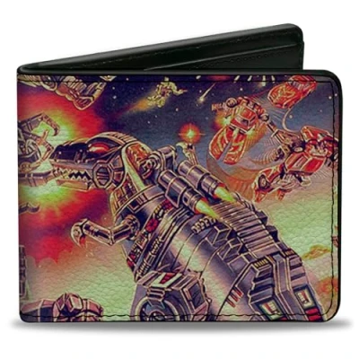 Image of Hasbro Wallet, Bifold, Transformers Devastator Dinobots 1985 Box Art Battle Scene, Vegan Leather, Multicolor, 4.0&quot; x 3.5&quot;, Casual