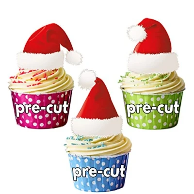 Image of AK Giftshop PRE CUT Christmas Santa Hats Edible Cupcake Toppers/Cake Decorations (Pack of 12)