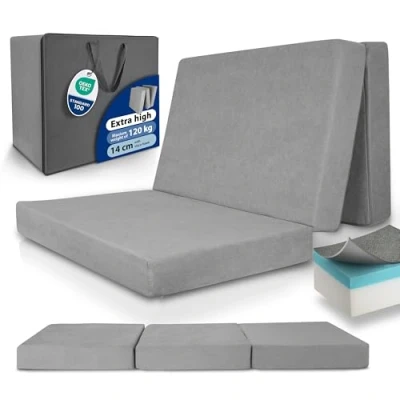 Image of Beautissu Premium XXL Folding mattress 120x200 cm guest bed extra thick 14cm visco foam hardness H3 high sleeping comfort, washable foldable easy transport grey
