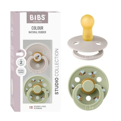 Image of BIBS Colour Studio Soother 2 Pack, BPA Free Dummy Pacifier, Round Nipple. Natural Rubber Latex, Made in Denmark, Size (6 18 Months), Mushroom/Sage