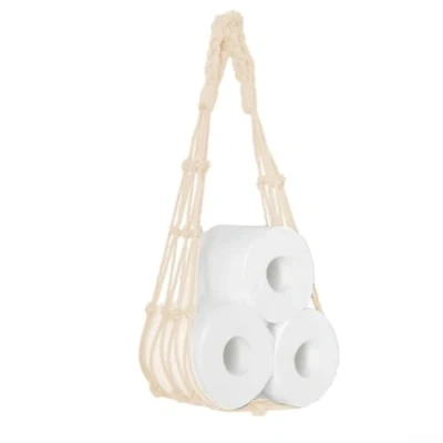 Image of Rope Toilet Roll Holder, Hang Cotton Paper Holder Mesh Storage Bag Wall Mount Tissue Towel Rack for Bathroom Decor(Beige)