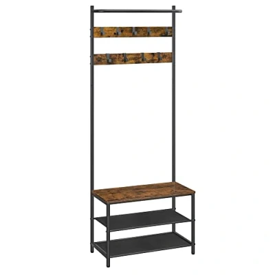Image of VASAGLE Coat Rack with Shoe Storage, Hall Tree, Stand Bench for Hallway, 9 Movable Hooks, Top Bar, 32.2 x 64 180 cm, Bedroom, Industrial, Rustic Brown and Black HSR411B01