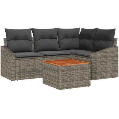 Image of vidaXL 5 Piece Garden Sofa Set with Cushions Grey Poly Rattan Acacia